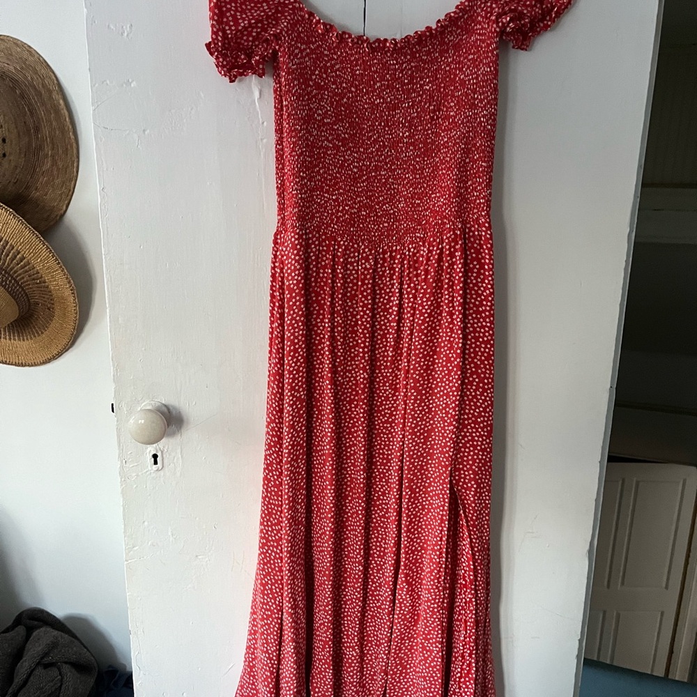 Reformation Red Sundress with Puff Sleeves and Scoop Neck for Wedding Guest.